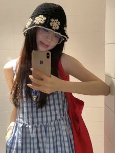 Shujiu Home Black Flower Cutout Hand Crocheted Bucket Hat Spring & Fall South Korea Niche Style Ins Simple and Breathable Bucket Hat
