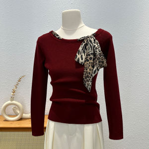 Retro American Knitted Long Sleeve T-Shirt Womens Fashion Slimming Inner Wear Elegant Butterfly Knot Belt Top for Autumn