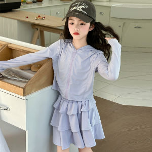 Girls Summer Cool Feeling Sun Protection Clothing Set Short Skirt Thin Long Sleeve Lightweight Casual Childrens Outfit for Ages 5-14