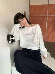 Song Zhengen White Letters Print Oblique Shoulder Sweatshirt Female New Arrival Sweet and Spicy Loose Korean Style Long Sleeve Autumn Outerwear Top
