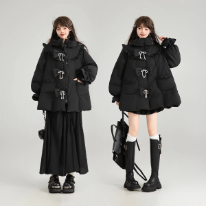 Keiko | Heavyweight White Duck Down Bow Detail Black Cloak-Style Down Jacket