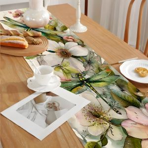 Dragonfly & Floral Print Table Runner Home Dining Table Atmosphere Table Runner 1-Piece Durable & Reusable