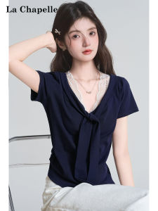 La Chapelle | Pseudo Two-Piece V-Neck Lace Insert T-Shirt