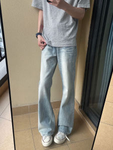 OUMULONG | Ice Blue Lightning Pattern Straight Flared Jeans Summer Thin Men Pants