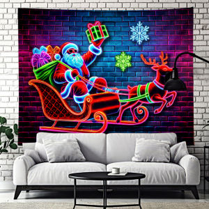VIKAMA Santa Claus Sleigh Reindeer Firework Wall Tapestry Merry Christmas Holiday Home Decor Unique Gift Soft Durable Cozy Retro