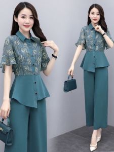 Fashionable Versatile Womens Summer Slimming Wide Leg Pants Two Piece Set Small Size Polo Collar Button up Polyester Blend