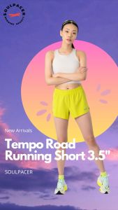 เชื้อกระเป๋า 3.5 นิ้ว สีเขียวมะนาว รูปแบบ Tempo Road Running Short สำหรับหญิง กางเกงวิ่งขาสั้น น้ำหนักเบา มีกางเกงซับใน สีเขียวมะนาว