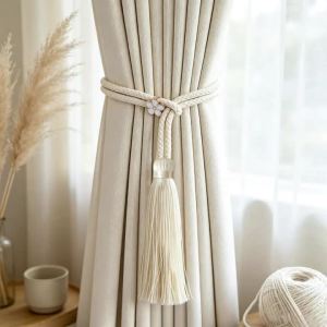 2pcs Beige Four-Leaf Clover Tassel Curtain Tiebacks French Cream Soft Ins Style Thick Woven Rope Drape Holdbacks for Bedroom