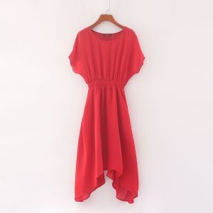 Ladies Brand Discount Fashionable French Style Belted Slimming Chiffon Dress Mid-Length A-Line Summer Season round Neck Short Sleeve