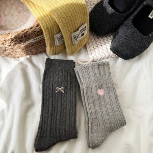 Grey Cashmere Womens Mid-Calf Socks Autumn Winter Thickened Warm Japanese Style Cute Striped Heart Woolen Long Socks