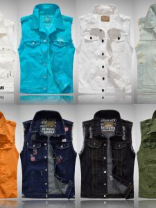 เสื้อกั๊กยีนส์แขนกุดสไตล์เกาหลี ฤดูใบไม้ผลิและฤดูใบไม้ร่วง แฟชั่นส่วนบุคคล ดีไซน์รุ่นเด็ก แจ็คเก็ตเสื้อกั๊กยีนส์ขาดสำหรับผู้ชาย