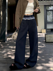 YIKEMAI | Trendy Double Waist Spliced Large Size Wide Leg Plaid Trim Womens Trousers