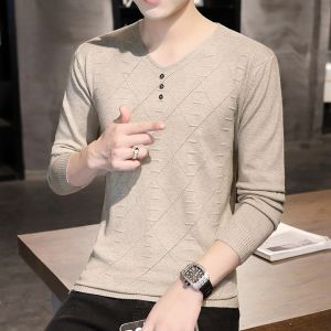 ROMON | Lormen Mens Knitted Long Sleeve V-Neck Pullover Fashion Urban Style Winter Thickened Inner Wear Heart Pattern T-Shirt