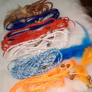 Dây thắt lưng dệt tay gắn lông vũ hạt gỗ đai váy phong cách cổ điển truyền thống