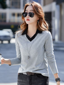 Pure Cotton Collar T-Shirt Womens Long Sleeve Loose Early Spring Plus Size Ladies Plus Size Womens Clothing Polo Collar Top V Neck Casual Shirt T-shirt