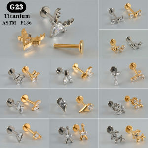 1PC G23 Titanium Zircon Labret Flat Back Cross Flower Cute Deer Ear Lobe Helix Tragus  Earring  Piercing Jewelry 16Gx8mm