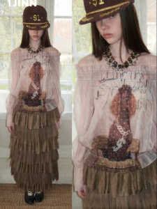 Off-Shoulder Print Sheer Chiffon Top Long Sleeve