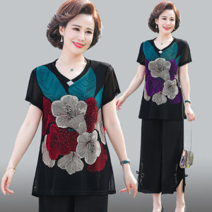 Mothers Day Mom Summer Clothes Loose Large Size T-shirt Middle-Aged Womens Two-Piece Suit Middle-Aged and Elderly Plus Size Clothes