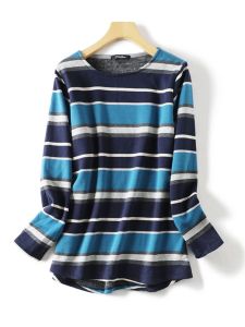 Áo Thun Nữ Dài Tay Dày Dặn Cổ Tròn Kẻ Sọc Nhiều Màu Thu Đông Thường Ngày Có Lót Bên Trong Dài Vừa Phải