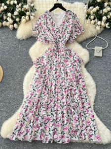 Váy Ngắn Tay Cổ Chữ V Họa Tiết Hoa Thiết Kế Kiểu Pháp Thắt Eo Cho Nữ Mùa Hè Váy Midi Chữ a Cạp Cao