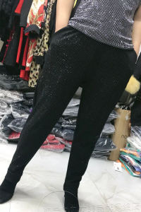 plus Size Dad Casual Pants Womens Fashionable All-Match Pocket Elastic Waist Slimming Black Harlan Pants Diamond Embellished