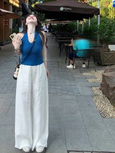 YUEZHONGWEI | เสื้อกั๊กแขนกุดผ้าไหมน้ำแข็งสีน้ำเงินคอวีสำหรับผู้หญิงในฤดูร้อน เสื้อคลุมกันหนาวทรงสลิมฟิต กระโปรงสั้น ไม่มีแขน ผ้าฝ้ายผสมโพลีเอสเตอร์