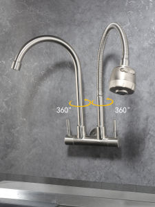 In-Wall Mounted 304 Stainless Steel Kitchen Faucet Single Cold Water Double Tube Dual Handle Universal Rotation Sink Double Outlet Shower