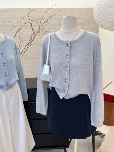 Áo Len Cardigan Dệt Kim Cổ Tròn Tay Dài Màu Trơn Phong Cách Hàn Quốc Đơn Giản Cho Nữ Mùa Thu Mới Cỡ Nhỏ Thân Thiện Áo Khoác Ngoài