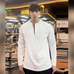 Mens Casual Long Sleeve T-shirt Solid Color Sportswear American Design Half Zip Waffle Pattern Fashionable for Autumn Winter