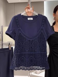 WANGGONGZHU | Fashionable Hollow Out Round Neck Short Sleeve T-Shirt Womens Summer New Design Slimming Top Princess Style Korean Loose Fit