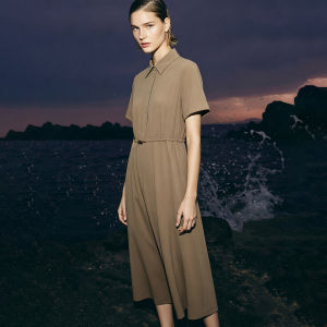 AMII | Mountains Style Turn-down Collar Half-buttoned Elastic Waist Short Sleeve Dress