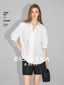 Bessie French Design Loose Short Sleeve White Polo Collar Shirt Womens Summer New Style Elegant Shirt Polyester Cotton Blend