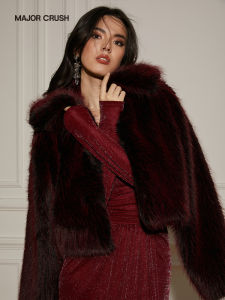 Wine Red Eco Fur Coat Thick Luxury Fashionable