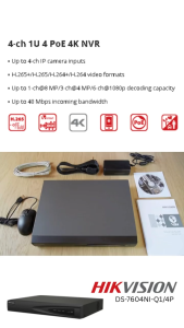 DS-7604NI-Q1/4P Hikvision NVR IP Camera CCTV 4 ch POE Kamera