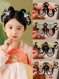 Traditional Chinese Style Girls Hair Accessories Braided Fake Hair with Flower Hairpins for Children Ancient Costume Headwear