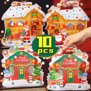 30/10Pcs Christmas Candy Bags Self-Adhesive Gift Packing Bag Santa Claus Snow House Shape Pouches for New Year Party Decoration Supplies