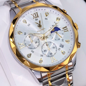 PLAYBOY 3088 นาฬิกาผู้ชายใหม่ ปฏิทินแฟชั่นกันน้ํา นาฬิกาควอตซ์ นาฬิกาเฟสดวงจันทร์เรืองแสงของแท้ 100% สายสแตนเลส