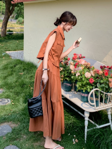 Orange Slimming High Waist Ankle-Length Vest And Skirt Two-Piece Set for Women Summer 2025 New French Style Fashion Set
