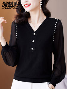 เสื้อเชิ้ตผู้หญิงคอวีแขนยาวผ้าชีฟองสีดำหรูหรา ทรงหลวม ดีไซน์เก๋ไก๋สำหรับใส่ไปทำงานในฤดูใบไม้ร่วง