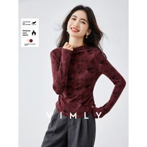 Vimly | Red Dye Stand Collar Long Sleeve Knit Womens T-shirt Innerwear