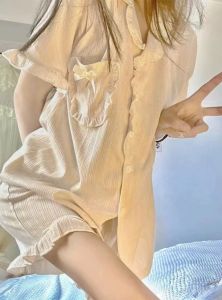 Áo Ngủ Cotton Mùa Hè Cho Nữ Tay Ngắn Rộng Rãi Thoải Mái Dễ Thương Áo Khoác Ngoài Mặc Ở Nhà Áo Chui Đầu Cổ Chữ V