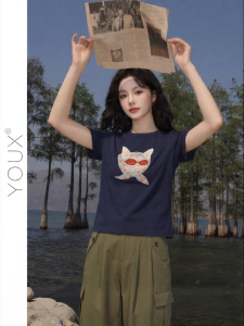 YOUXIANG | Áo Thun In Mèo Phong Cách Retro Giảm Cân