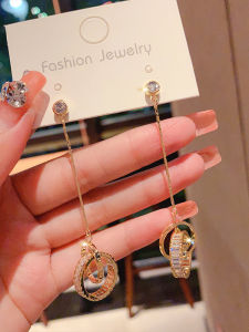 Silver Needle Long Tassel Earrings with Diamond Embedding round Ring High-End Slimming Ear Studs Fresh out Korean Style Womens Jewelry