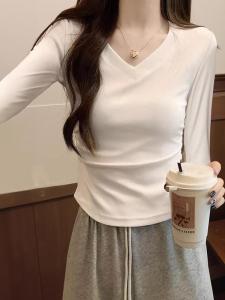 White Slim Fit Long Sleeve T-Shirt Womens V-Neck Base Layer Shirt Thickened Winter Cotton Polyester Blend Casual Style
