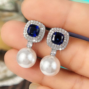 Huitan Elegant Imitation Pearl Earrings with Blue/White Cubic Zirconia Brilliant Ear Accessory for Women Wedding Trendy Jewelry