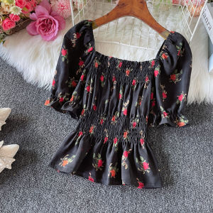 Wooden Ear off-Shoulder Tops Female 2024 Summer New Arrival Sweet Puff Sleeves Short Silm Retro Floral Blouse