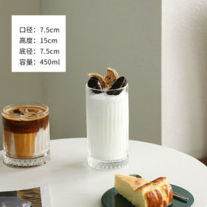 Ins Style Coffee Shop American Latte Ice Coffee Cup Cold Brew Mocha Vintage Home Use Stripe Glass Cup Transparent round Shape