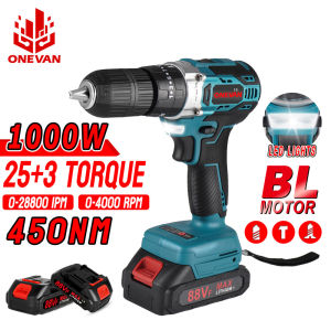 ONEVAN 1000W 450N.M Brushless Electric Impact Drill 25+3 Torque 3 in 1 Electric Cordless Screwdriver Portable Mini Electric Impact Drill For Makita 18V Battery