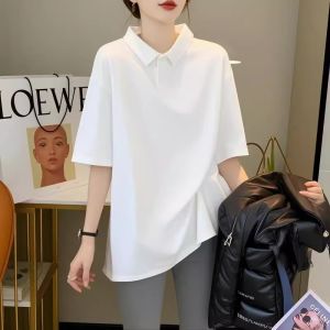White Polo Collar Short Sleeve Oversized Loose T-Shirt Summer New Style