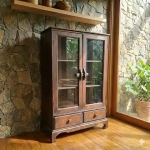 ตู้ไม้สัก ตู้โชว์พระ 3 ชั้น 2 ลิ้นชัก (60x22x98 cm) มีบานปิด ตู้เก็บของสะสม โมเดล ของจิ๋ว งานไม้แท้